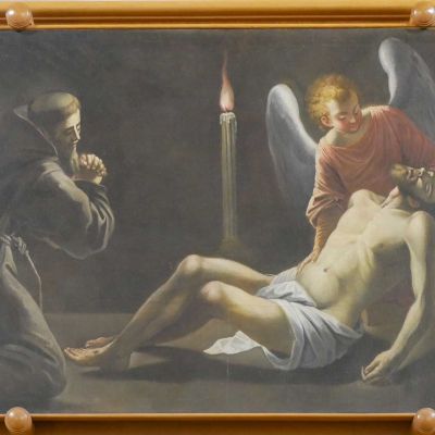 S. Francesco d’Assisi adorante il Cristo morto sorretto da un angelo. Seconda metà sec. XVII